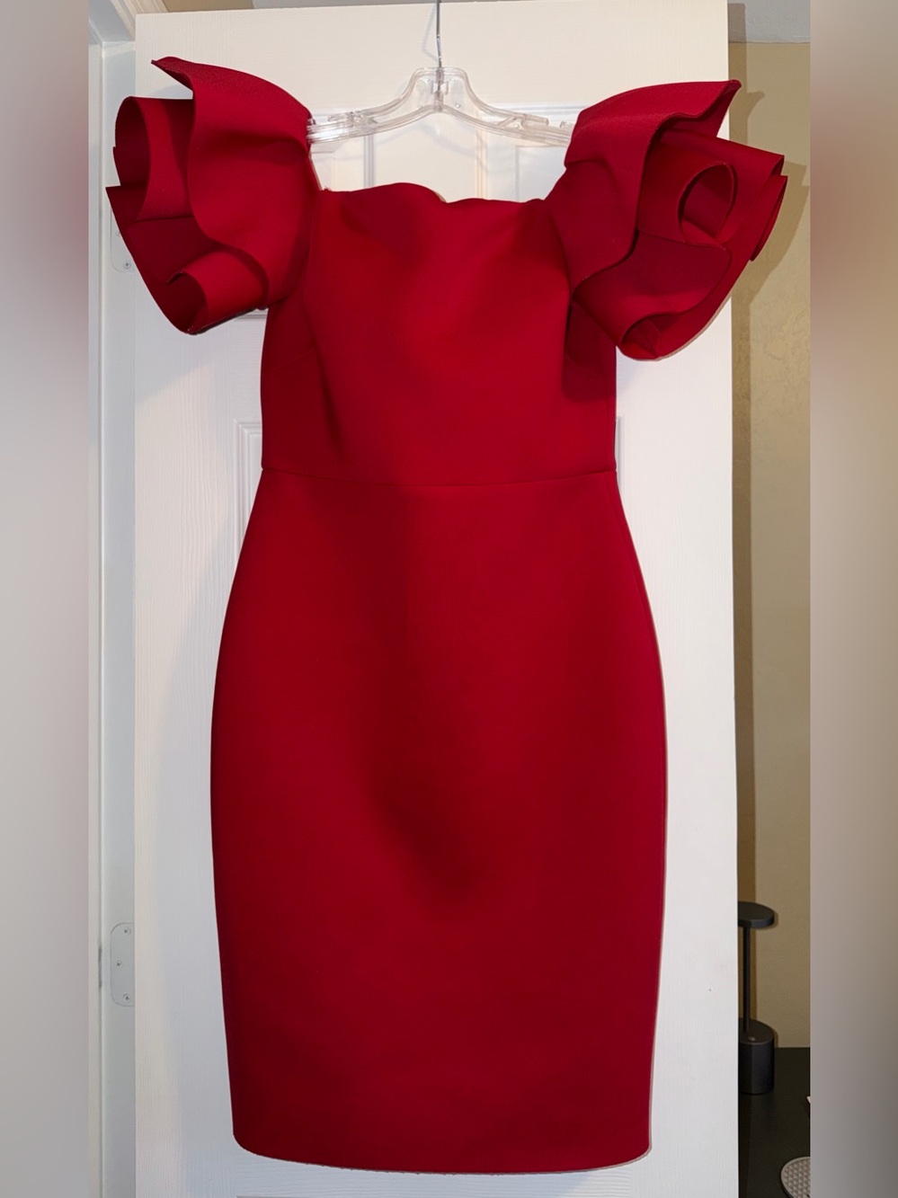 Eliza J Red Ruffle-Sleeve Midi Sheath Dress